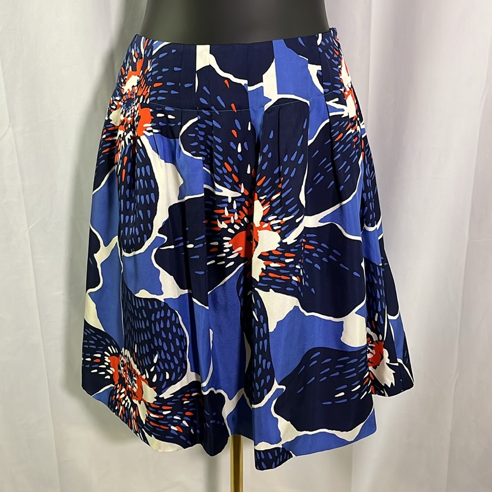 Victor Alfaro Blue Orange & White Floral Print Silk A-Line Midi Skirt